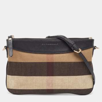 Pre Owned Burberry Black/Beige House Check Canvas and Leather Peyton Crossbody Bag