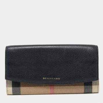 Pre Owned Burberry Black/Beige House Check Canvas and Leather Flap Continental Wallet