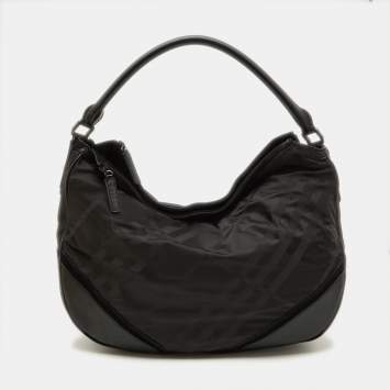 Pre Owned Burberry Black Beat Check Nylon and Leather Maskell Hobo
