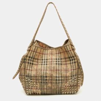 Pre Owned Burberry Beige/Grey Haymarket Check Coated Canvas And Leather Studded Special Edition Canterbury Tote
