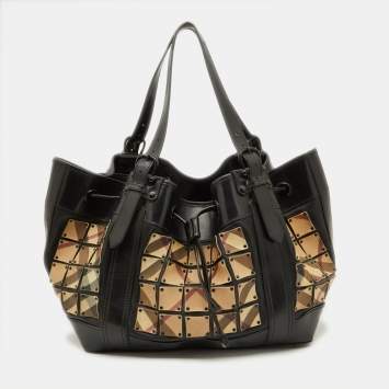 Pre Owned Burberry Beige/Black Nova Check Coated Canvas and Patent Leather Warrior Tote