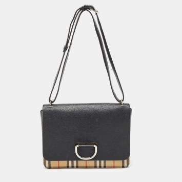 Pre Owned Burberry Black/Beige House Check Fabric and Leather D Ring Shoulder Bag