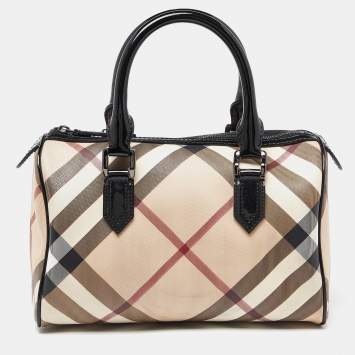 Pre Owned Burberry Beige/Black Nova Check PVC and Patent Leather Chester Boston Bag
