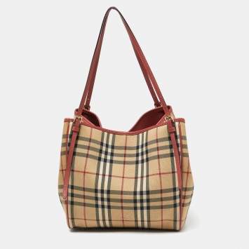 Pre Owned Burberry Beige/Brown Haymarket Check Canvas and Leather Small Canterbury Tote