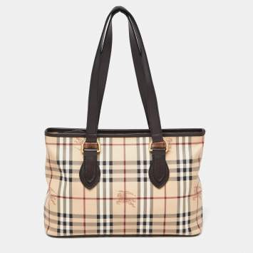 Pre Owned Burberry Beige/Brown Haymarket Check PVC and Leather Medium Regent Tote