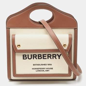 Pre Owned Burberry Brown/Cream Leather and Canvas Mini Pocket Tote