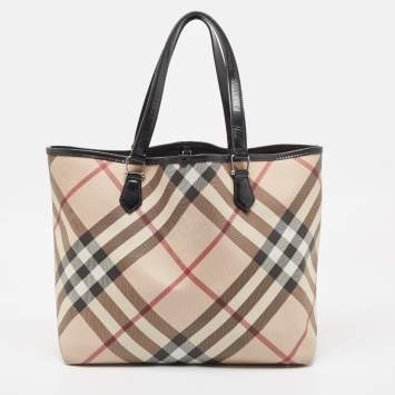 Pre Owned Burberry Black/Beige Nova Check PVC and Leather Nickie Tote