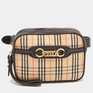Pre Owned Burberry Beige/Black 1983 Knight Check Canvas and Leather Link Bum Belt Bag