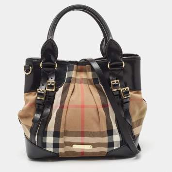 Pre Owned Burberry Black House Check Canvas and Leather Bridle Whipstitch Tote