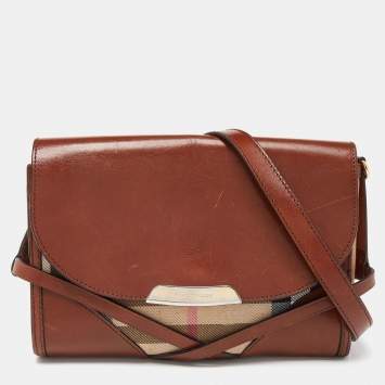 Pre Owned Burberry Brown/Beige House Check Canvas and Leather Abbott Shoulder Bag
