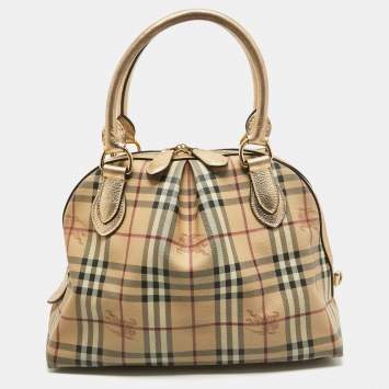 Pre Owned Burberry Gold/Beige Haymarket Check Coated Canvas and Leather Thornley Satchel
