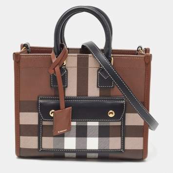 Pre Owned Burberry Brown/Black Canvas Check Small Freya Tote 