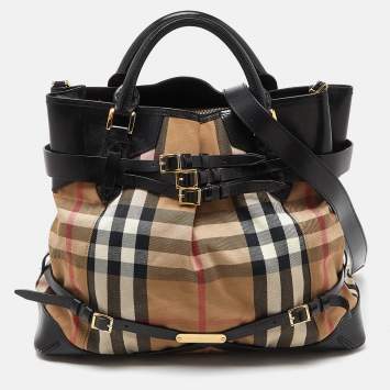 Pre Owned Burberry Black House Check Canvas and Leather Large Bridle Lynher Tote