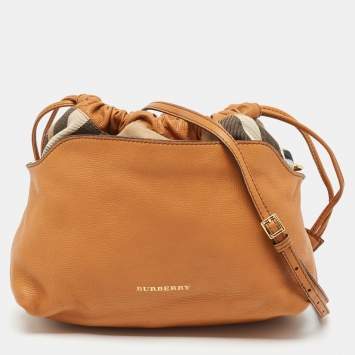 Pre Owned Burberry Tan Leather and House Check Fabric Little Crush Crossbody Bag