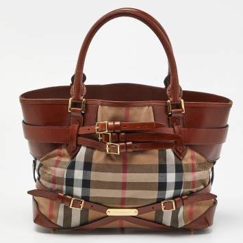Pre Owned Burberry Brown House Check Fabric and Leather Medium Bridle Lynher Tote