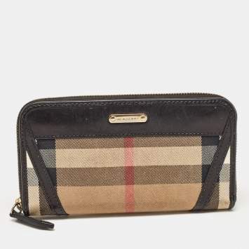 Pre Owned Burberry Black/Beige House Check Canvas and Leather Ziggy Zip Around Wallet