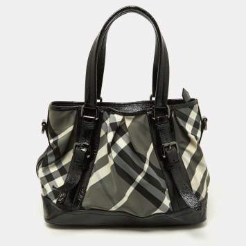 Pre Owned Burberry Black/Grey Beat Check Nylon and Patent Leather Lowry Tote