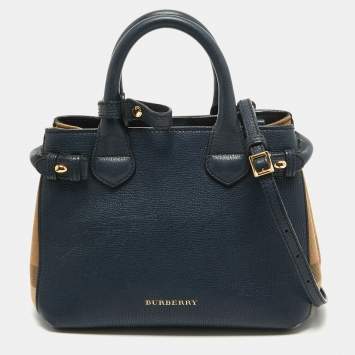 Pre Owned Burberry Navy Blue/Beige House Check Canvas and Leather Mini Banner Tote