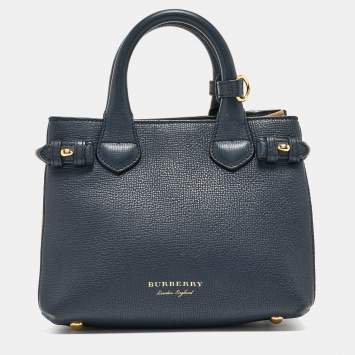 Pre Owned Burberry Navy Blue/Beige Leather and House Check Fabric Mini Banner Tote