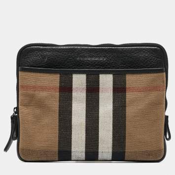 Pre Owned Burberry Beige/Black Exploded Check Canvas and Leather Zip Pouch
