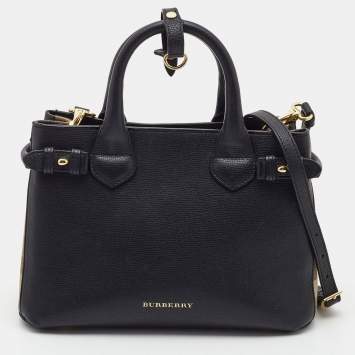 Pre Owned Burberry Black/Beige Leather and House Check Fabric Small Banner Tote