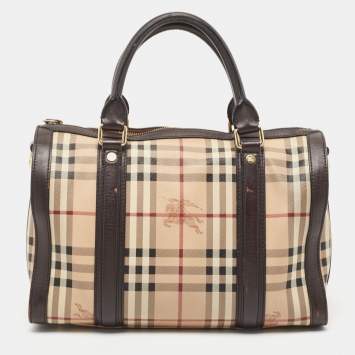 Pre Owned Burberry Brown/Beige Haymarket Canvas and Leather Alchester Bag