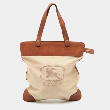 Pre Owned Burberry Beige/Brown Canvas and Leather Stowell Roll Up Tote