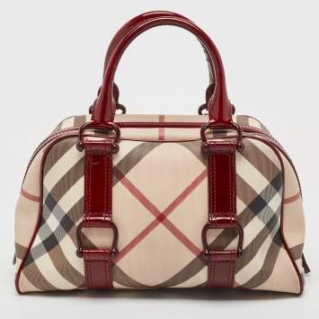 Pre Owned Burberry Burgundy/Beige Nova Check Coated Canvas and Patent Leather Buckle Satchel