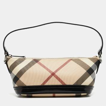 Pre Owned Burberry Black/Beige Nova Check Coated Canvas and Patent Leather Newbury Pochette Bag