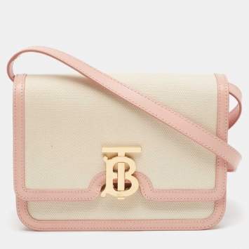 Pre Owned Burberry Cream/Pink Canvas and Leather Small TB Shoulder Bag