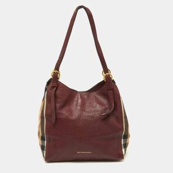 Pre Owned Burberry Burgundy/Beige House Check Fabric and Leather Small Canterbury Tote