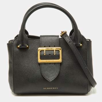 Pre Owned Burberry Black Grained Leather Small Buckle Tote