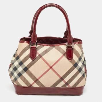 Pre Owned Burberry Burgundy/Black Nova Check PVC and Patent Leather Tote