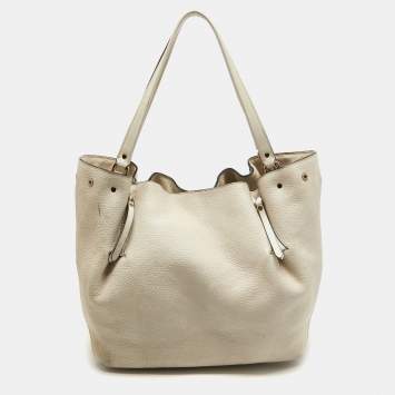 Pre Owned Burberry Off White Leather and House Check Canvas Maidstone Tote
