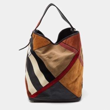 Pre Owned Burberry Multicolor House Canvas and Leather Patchwork Ashby Bucket Bag