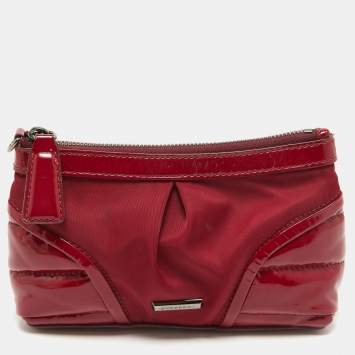Pre Owned Burberry Burgundy Patent Leather and Nylon Westchester Clutch