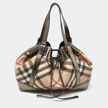 Pre Owned Burberry Metallic/Beige Nova Check Coated Canvas and Patent Leather Beaton Drawstring Bag