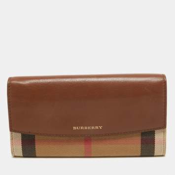 Pre Owned Burberry Beige/Brown House Check Canvas and Leather Flap Continental Wallet