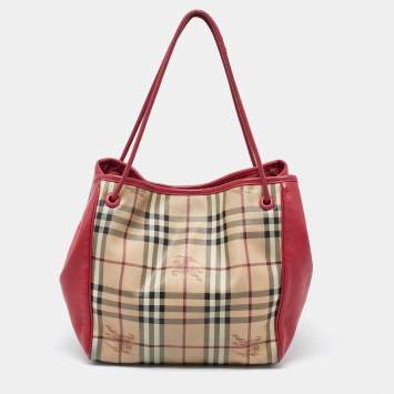 Pre Owned Burberry Beige/Pink Haymarket Check PVC and Leather Small Canterbury Tote