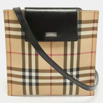 Pre Owned Burberry Black/Beige House Check PVC and Leather Slim Messenger Bag