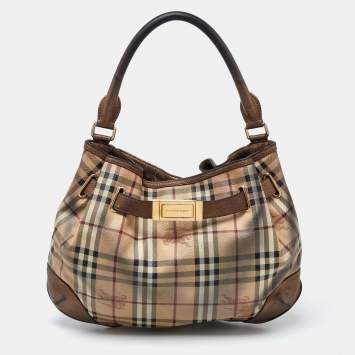Pre Owned Burberry Bronze/Beige Haymarket Check PVC and Leather Medium Willenmore Hobo