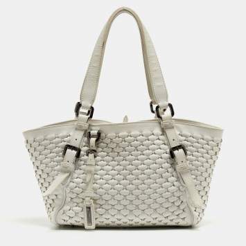 Pre Owned Burberry White Woven Leather Tote