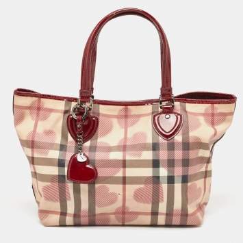 Pre Owned Burberry Burgundy/Beige Heart Print Check PVC and Patent Leather Brit Tote
