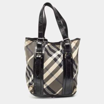 Pre Owned Burberry Black Beat Check Nylon and Patent Leather Victoria Tote