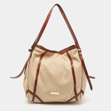 Pre Owned Burberry Brown/Beige Fabric and Leather Large Canterbury Tote