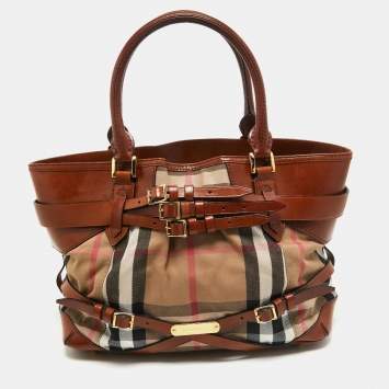 Pre Owned Burberry Brown/Beige House Check Fabric and Leather Medium Bridle Lynher Tote