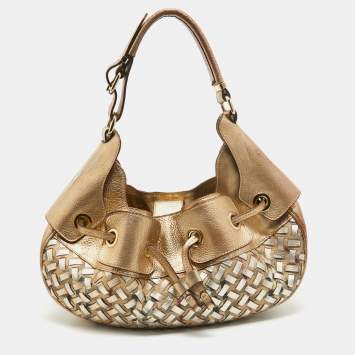 Pre Owned Burberry Gold/Beige House Check PVC and Leather Mini Warrior Hobo