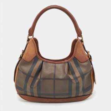 Pre Owned Burberry Dark Tan Smoked Beat Check Coated Canvas Small Brooklyn Hobo