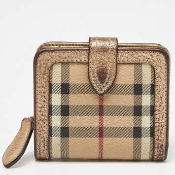 Pre Owned Burberry Beige/Gold Nova Check PVC and Leather Compact Wallet