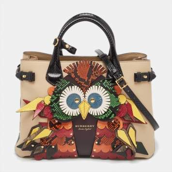 Pre Owned Burberry Multicolor Snakeskin, Leather and House Check Canvas Medium Beasts Banner Tote